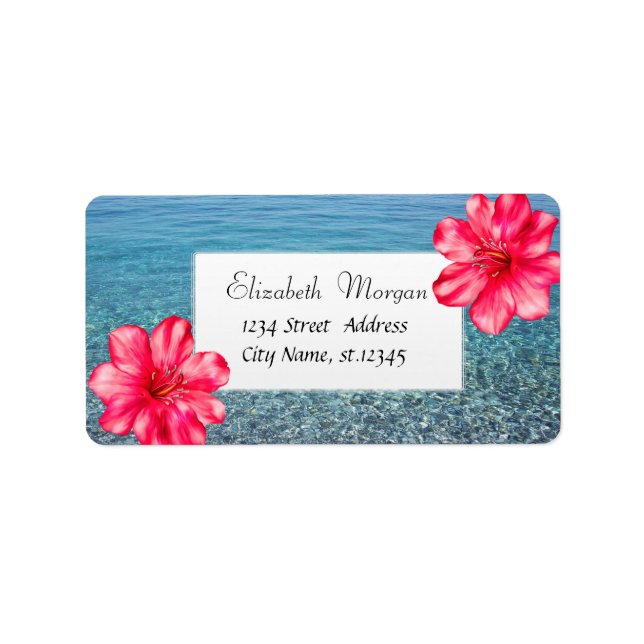 Moderner tropischer Strand, Meer, Hibiskus Adressaufkleber (Vorne)