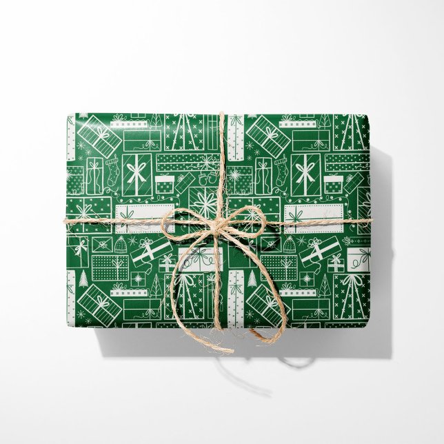 Moderner Urlaub präsentiert Grün und Weiß Geschenkpapier (Von Creator hochgeladen)