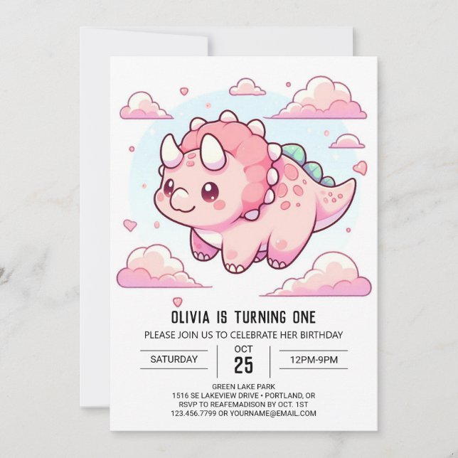 Moderner verzauberter Dinosaurier 1. Geburtstag Einladung (Vorderseite)