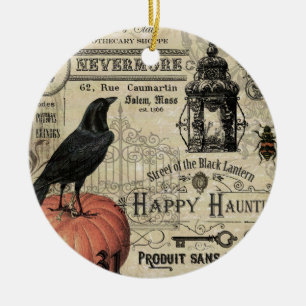 moderner Vintage-Halloween-Kürbis und Krähe Keramik Ornament