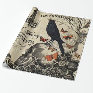 moderner vintage Halloween-Rabe und Totenkopf Geschenkpapier