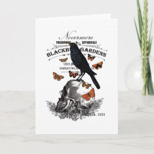 moderner vintage Halloween-Rabe und Totenkopf Karte