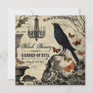 moderner vintage Halloween-Rabe und Totenkopf Karte