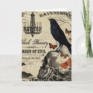 moderner vintage Halloween-Rabe und Totenkopf Karte