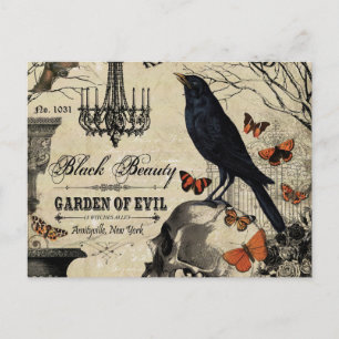 moderner vintage Halloween-Rabe und Totenkopf Postkarte