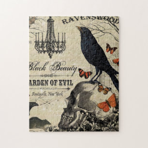 moderner vintage Halloween-Rabe und Totenkopf Puzzle