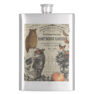 Moderner vintage Halloween-Uhu und Totenkopf Flachmann