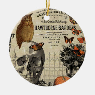 Moderner Vintage-Halloween-Uhu und Totenkopf Keramik Ornament