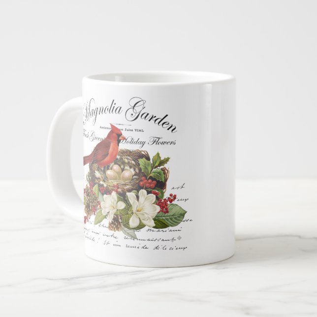 Moderner Vintage-Weihnachtskardinal Jumbo-Tasse (Vorderseite Links)