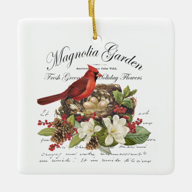 Moderner Vintage-Weihnachtskardinal Keramikornament (Vorderseite)