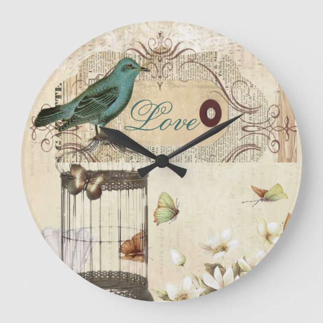 moderner Vintager französischer Vogel botanischen Große Wanduhr (Vorderseite)