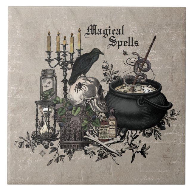 Moderner Vintager Halloween-Schädel Fliese (Vorderseite)