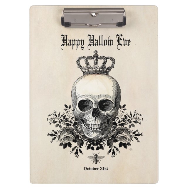 Moderner Vintager Halloween-Schädel mit Krone Klemmbrett (Vorderseite)