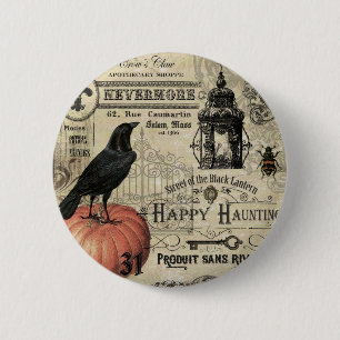 moderner Vintager Halloweenkürbis und -krähe Button