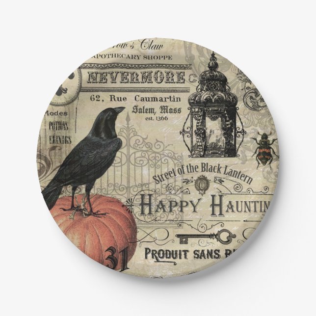Moderner Vintager Halloweenkürbis und -krähe Pappteller (Vorderseite)