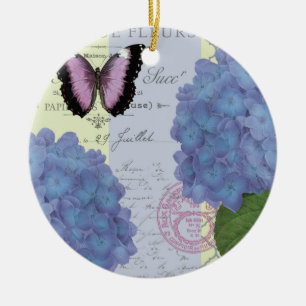 moderner Vintager Hydrangea und Schmetterling Keramik Ornament