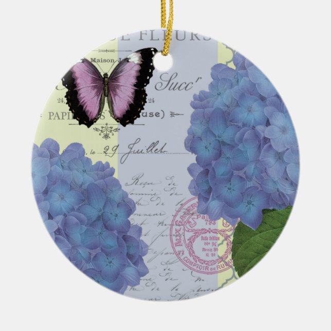moderner Vintager Hydrangea und Schmetterling Keramik Ornament (Vorne)