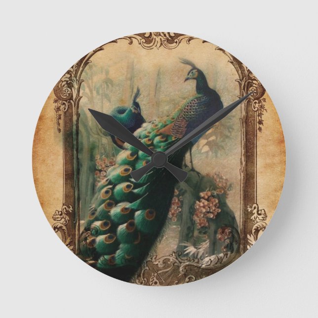 moderner Vintager Pfau des französischen mit Runde Wanduhr (Vorderseite)