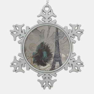 moderner Vintager Turm Paris Eiffel des grauen Schneeflocken Zinn-Ornament