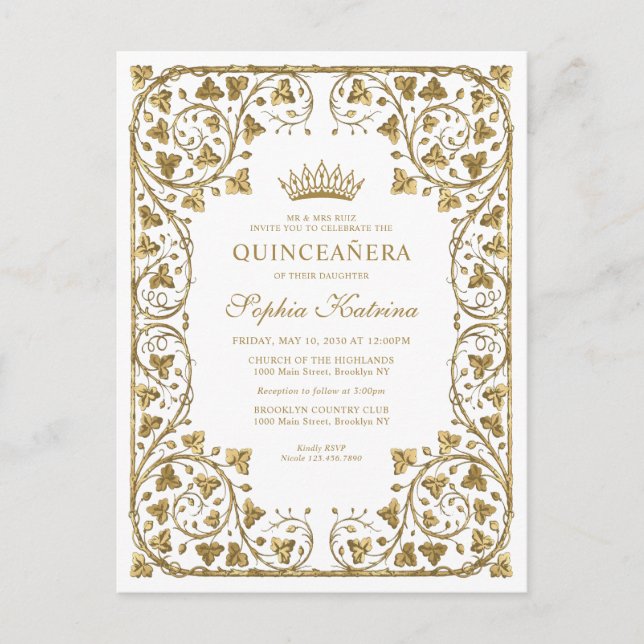 Moderner Vintager Weißgoldrahmen Tiara Quinceanera Einladungspostkarte (Vorderseite)