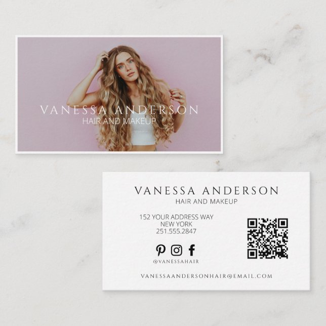Moderner Visagist Friseur QR-Code Foto Visitenkarte (Vorne/Hinten)