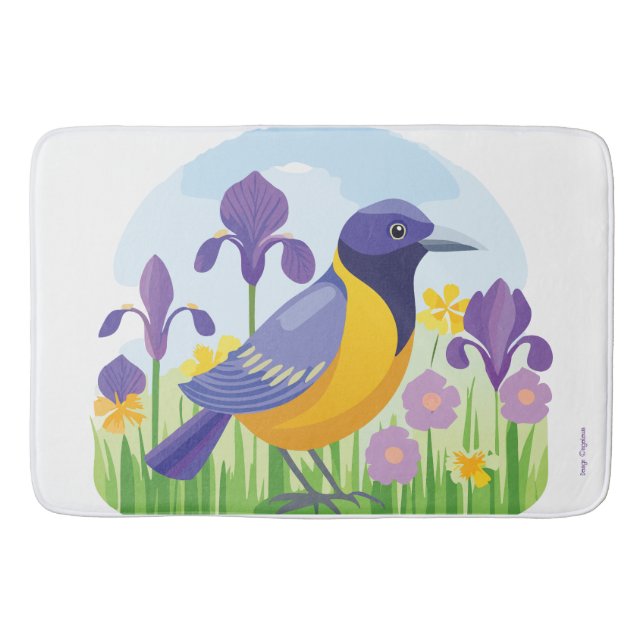 Moderner Vogel mit Iris Blume Blumenmuster Badematte (Vorderseite)