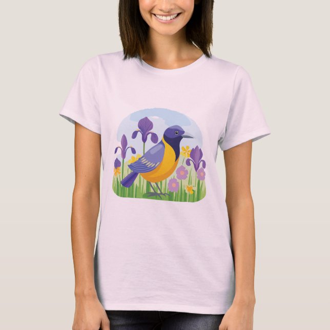 Moderner Vogel mit Iris-Blume Cool T-Shirt (Vorderseite)