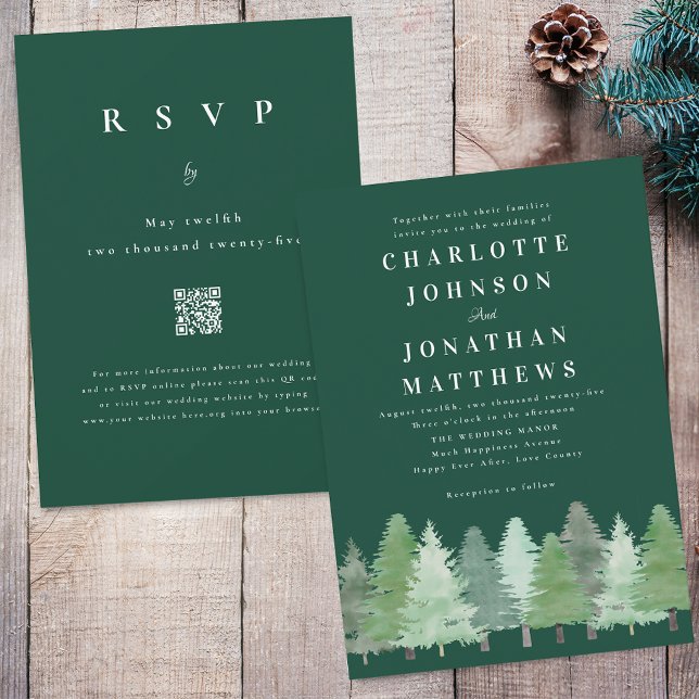 Moderner Wald QR-Code Grüne Hochzeit Einladung (Modern Woodland forest dark green and white wedding qr code invitation Watercolor evergreen trees)