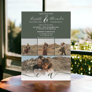 Moderner Waldgrün chic 5 Fotos Drehbuch Hochzeit Einladung