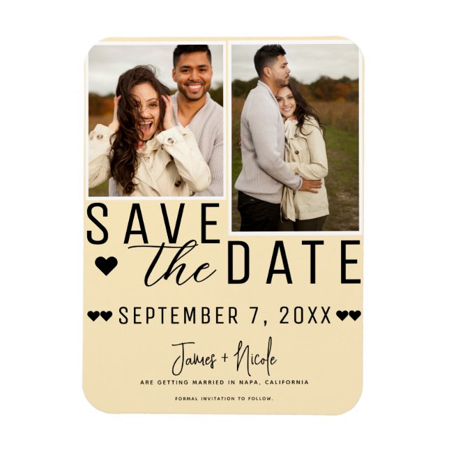 Moderner Warm Custard Save the Date 2 Foto Hochzei Magnet (Vertikal)