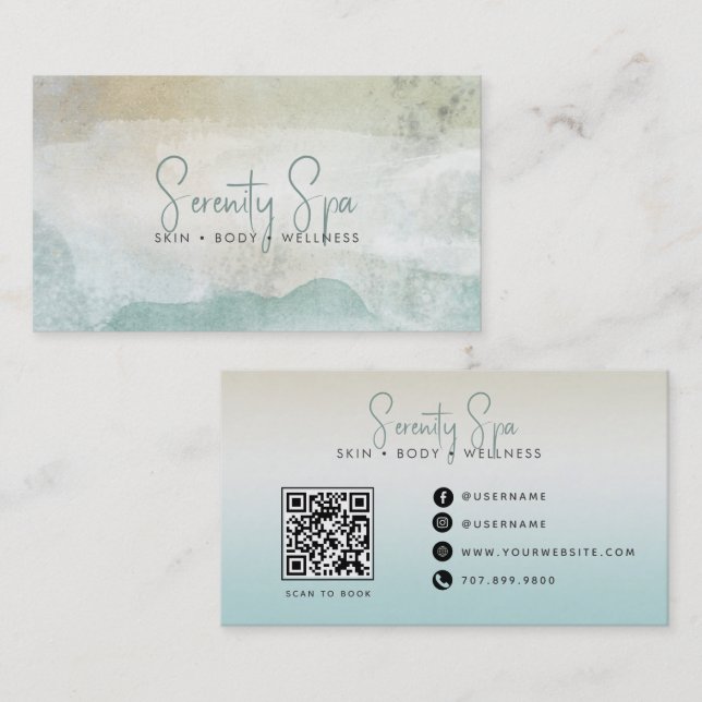 Moderner Wasserfarbe-Spa-QR-Code Visitenkarte (Vorne/Hinten)