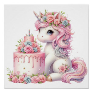 Moderner Wasserfarben-Baby-Einhorn mit Kuchen4 Poster