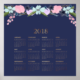 Moderner Wasserfarben-Blumenkalender 2018 Poster