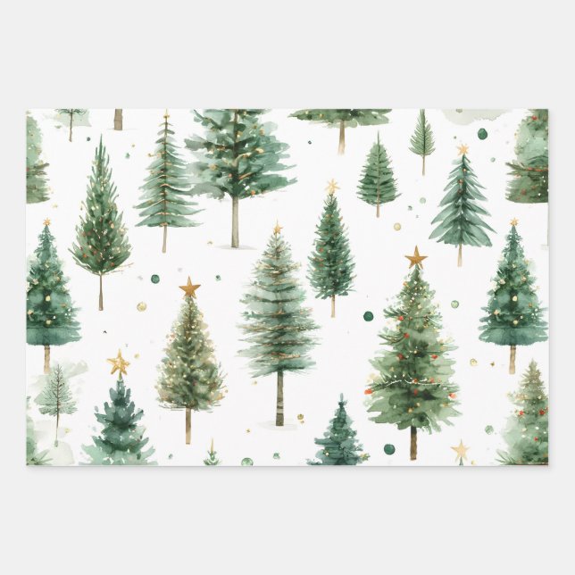 Moderner Wasserfarben-Weihnachtsbaum grün Geschenkpapier Set (Vorderseite 2)