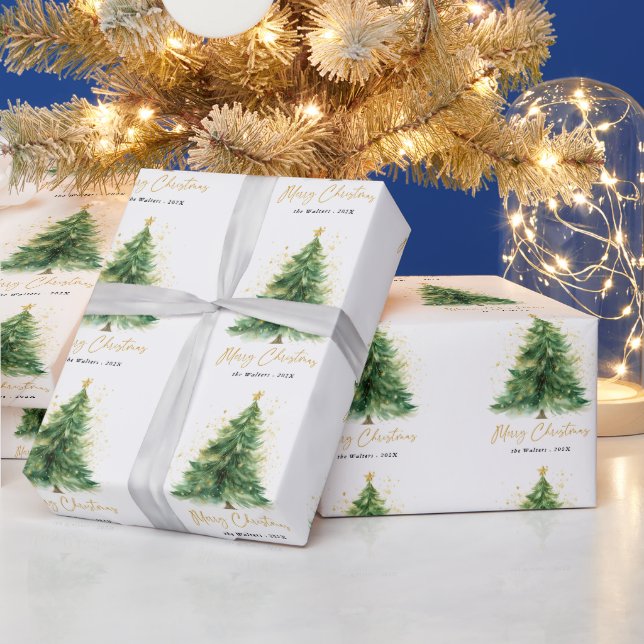 Moderner Wasserfarben-Weihnachtskiefer  Geschenkpapier (Feiertage)