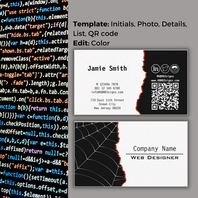 Moderner Web Designer für Schwarz und Weiß Visitenkarte (Modern Black & White Landscape Web Designer Business Card, QR code, social icons)