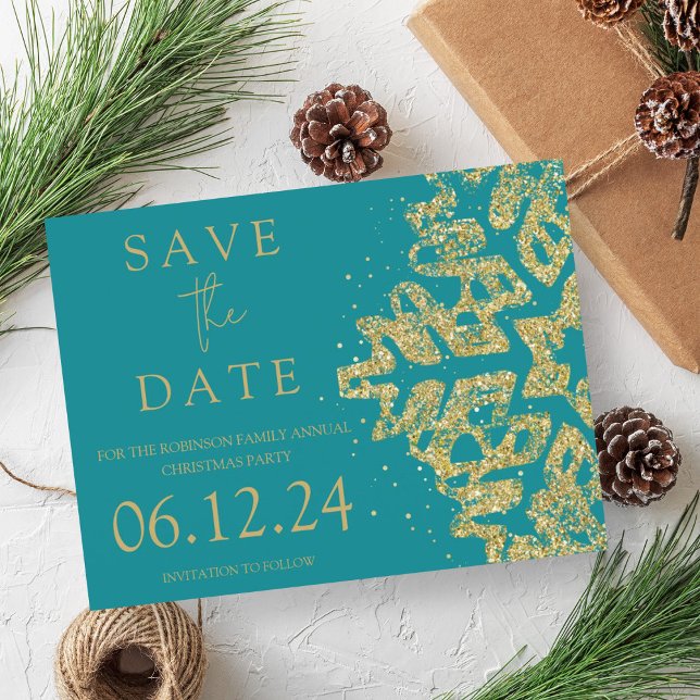 Moderner Weihnachten Save the Date Gold Glitzer Aq Ankündigungspostkarte (Modern Christmas Save The Date Gold Glitter Teal Announcement Postcard)