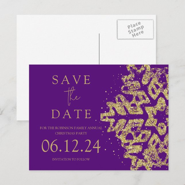 Moderner Weihnachten Save the Date Gold Glitzer Li Ankündigungspostkarte (Vorne/Hinten)
