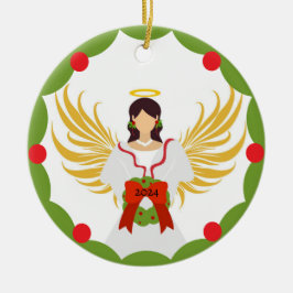 Moderner Weihnachtsangel Rot Grün Holly Wreath 202 Keramik Ornament