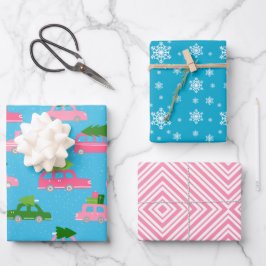 Moderner Weihnachtsbaum & Auto in Blaurosa Streife Geschenkpapier Set