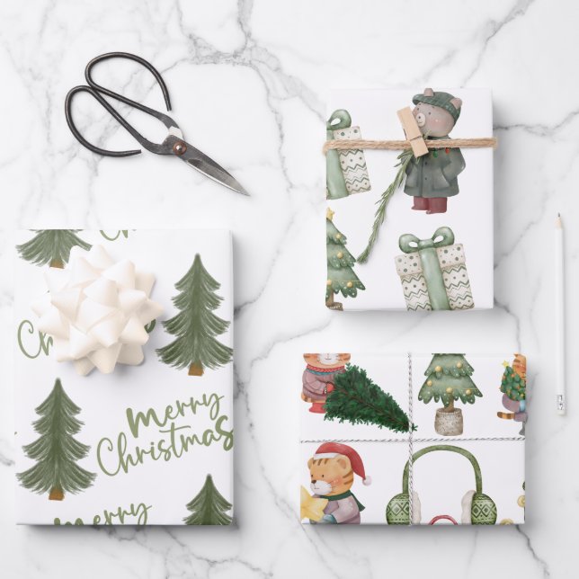 Moderner Weihnachtsbaum Grüne Pine Tree Geschenkpapier Set (Vorderseite)