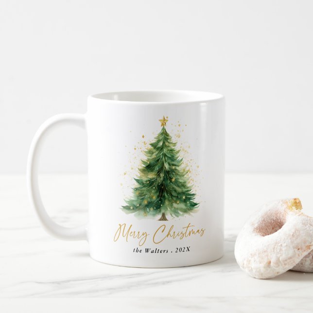 Moderner Weihnachtsbaum im Wasserfarben Non-Foto Kaffeetasse (Mit Donut)