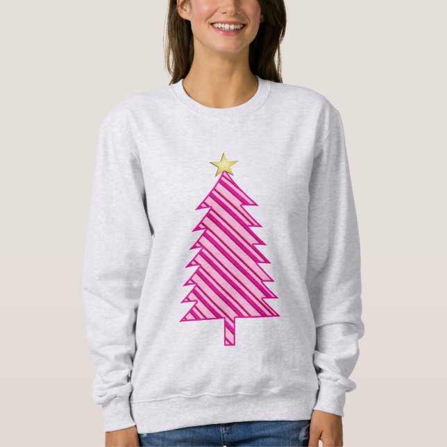 Moderner Weihnachtsbaum in rosa Pfefferminzstreife Sweatshirt (Vorderseite)