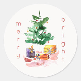 Moderner Weihnachtsbaum "Merry and Bright" Minimal Runder Aufkleber