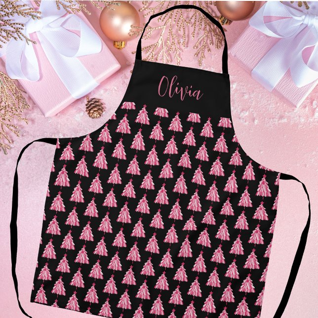 Moderner Weihnachtsbaum Pink Black Schürze (Modern Christmas kitchen apron personalized first name in pink and black Christmas Tree design.)
