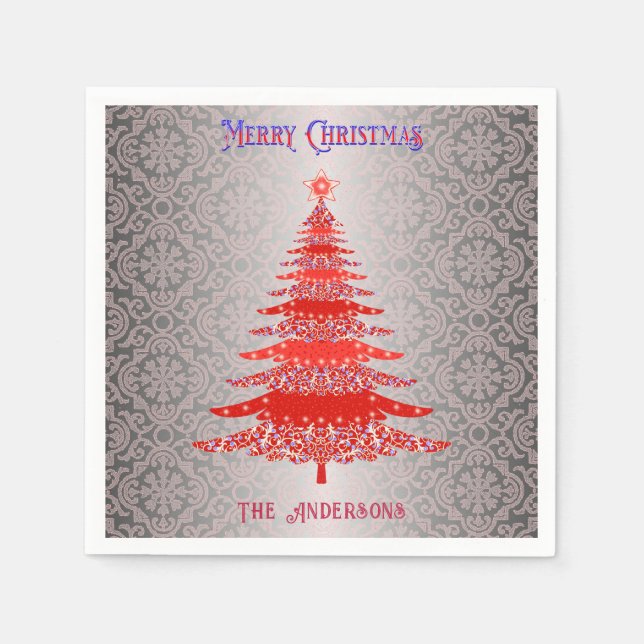 Moderner Weihnachtsbaum Roter Silbername Ornamente Serviette (Vorderseite)