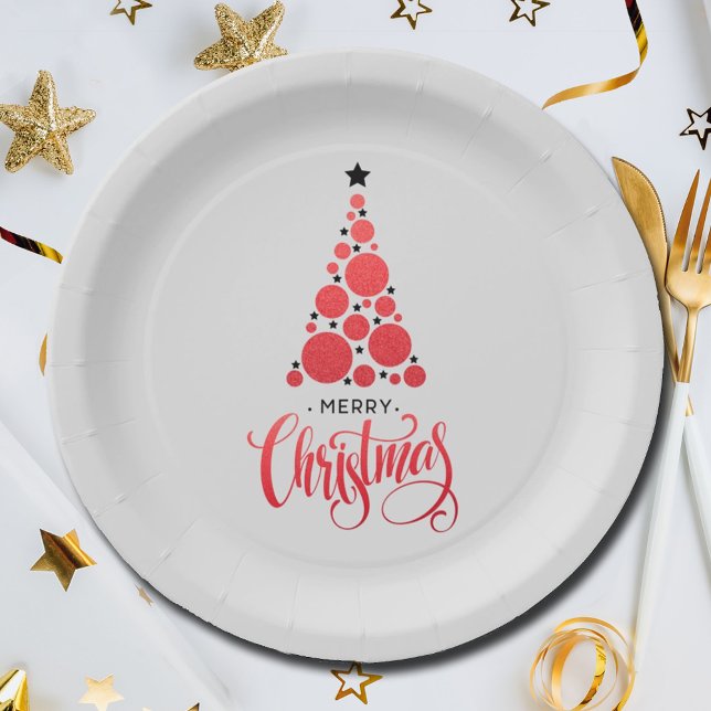 Moderner Weihnachtsbaumurlaub Pappteller (Modern Red Christmas Tree Holiday Paper Plates)