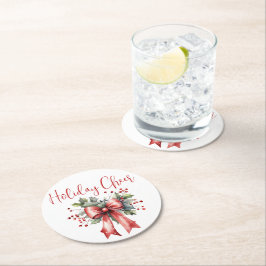 Moderner Weihnachtsfeiertag Cheer Script Red Bow Runder Pappuntersetzer