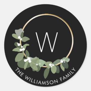 Moderner Weihnachtskranz Monogramm Familiennam Runder Aufkleber