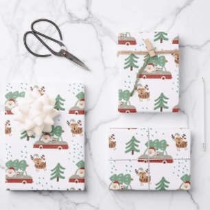 Moderner Weihnachtsmann Schnee Wald Weihnachten Geschenkpapier Set
